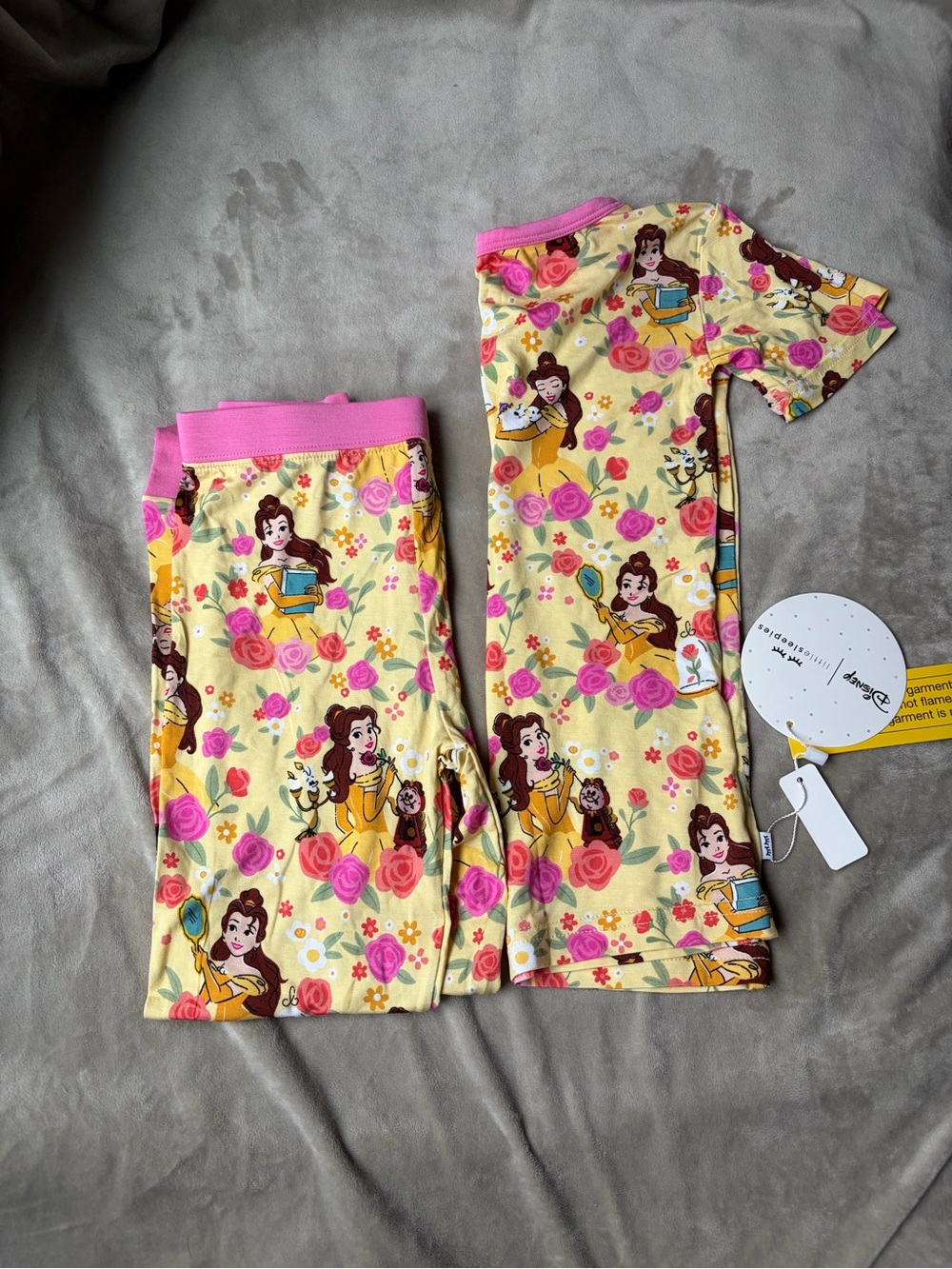 Little Sleepies Disney Yellow Floral Belle Pajama Set with Pink Trim